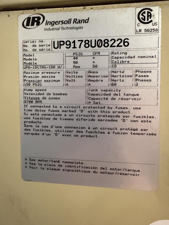 Used Used Ingersoll Rand Air Compressor with Air Dryer, Model UP6-15CTAS-150 W