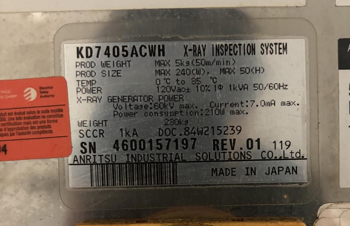 Used Used Antrisu Stainless Steel Inline X-Ray Inspection System, Model KDF405ACWH
