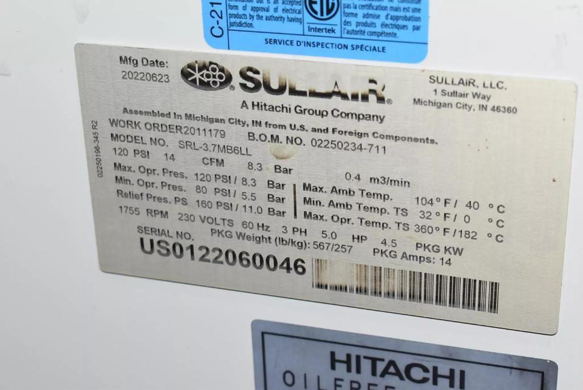 Used Used Sullair 5 HP Rotary Screw Compressor, Model SRL-3.7 MB6LL