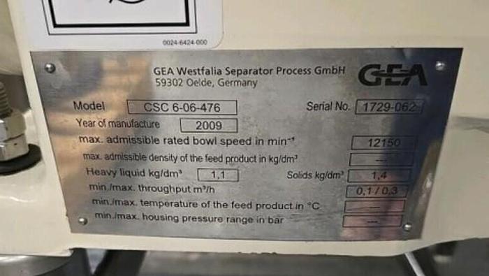 Used Used-GEA Westfalia Disc Centrifuge, Model CSC-6-06-476