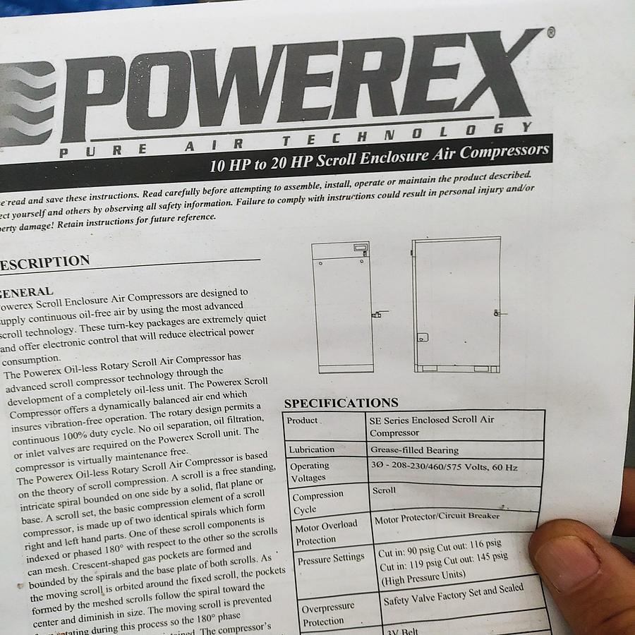 Unused 2021 Powerex 15 HP Air Compressor with Air Dryer