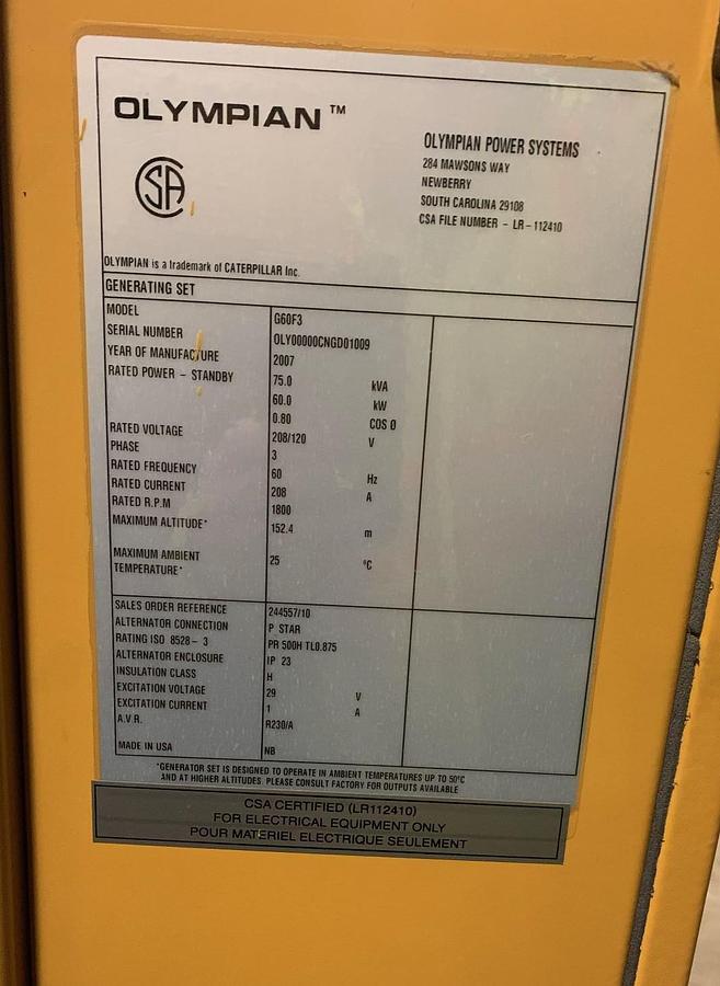 Used Used Caterpillar – Olympian 60kW Natural Gas Standby Generator, Model G60F3