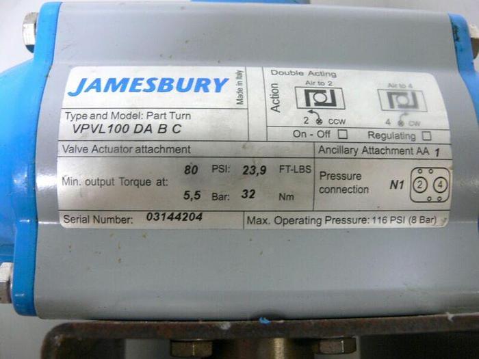 Used JAMESBURY VPVL100 DA B C Double Opposed Piston Actuator 2" SS Ball Valve