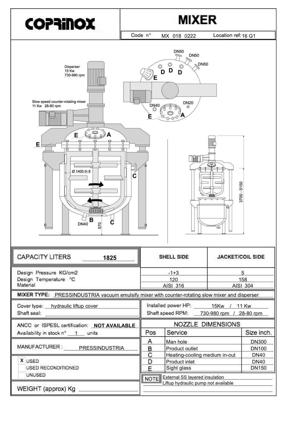 Usato Miscelatore PRESSINDUSTRIA da 1825 Litri