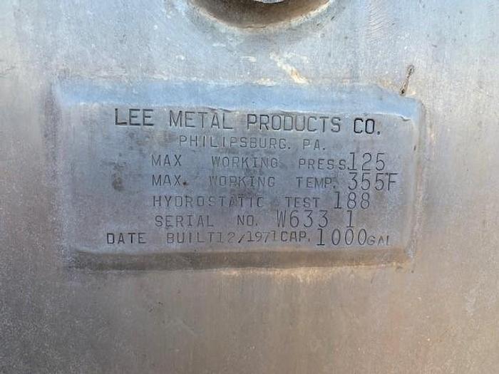 Used 1971 Lee 1,000 Gal Stainless Steel Jacketed Mix Kettle W/ Sickle Agitator
