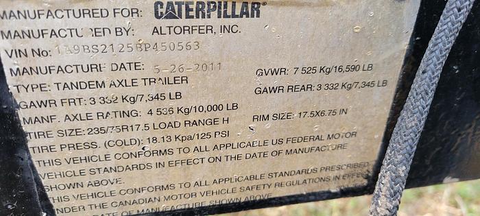 Used 2011 Caterpillar Tandem Axle Trailer 10,000 lb. Axle Rating