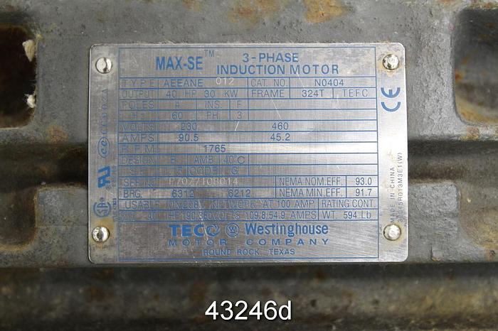 Used Westinghouse 40 Hp A/C Motor, 1765 Rpm, 230 Volts #43246