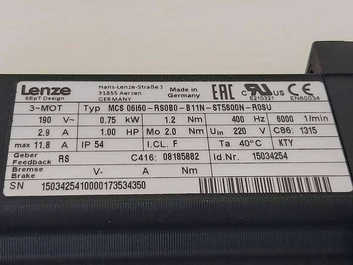 Servomotor, MCS 06I60-RS0B0-B11N-ST5S00N-R0SU, 0,75KW, Lenze neu
