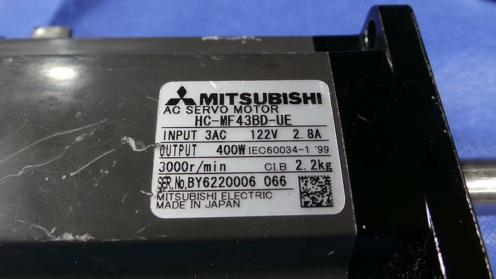 Used Mitsubishi HC-MF43BD-UE Motor, AC Servo Motor / 3AC /122V / 2.8A / 400W / 3000r/min