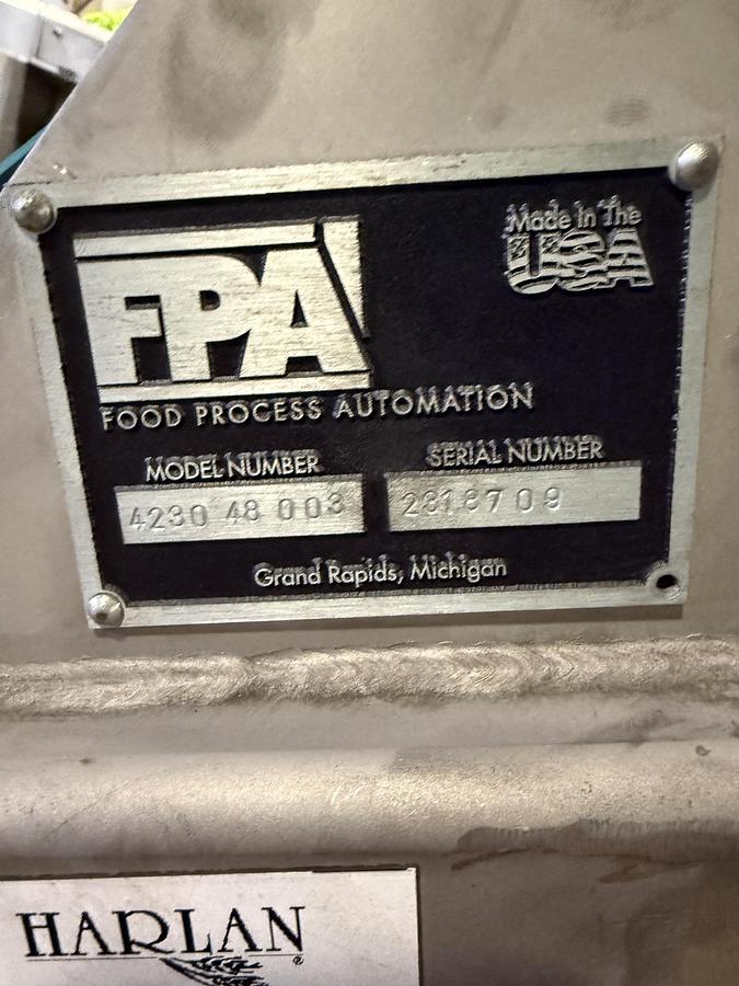 Used FOOD PROCESS AUTOMATION 48IN WIDE BELT INCLINE CONVEYOR WITH 2016 LOMA METAL DETECTOR DISCHARGE HEIGHT 75.’ MODEL 423048003 SN 2818709