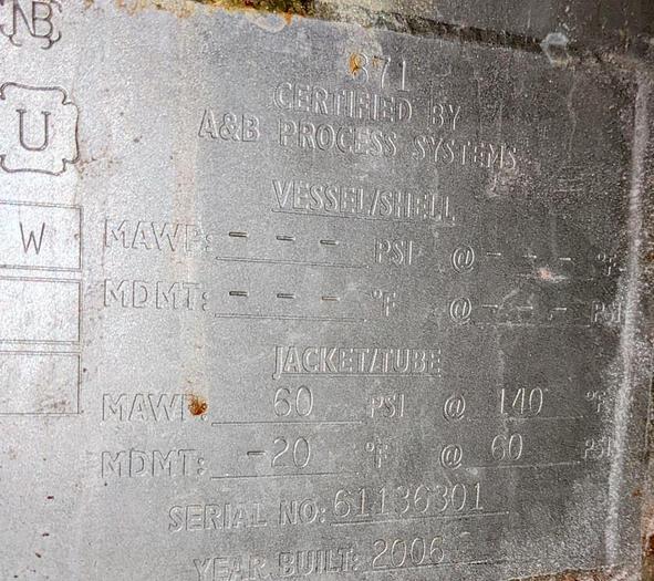 Used A&B Process Systems 500 Gallon Jacketed Tank