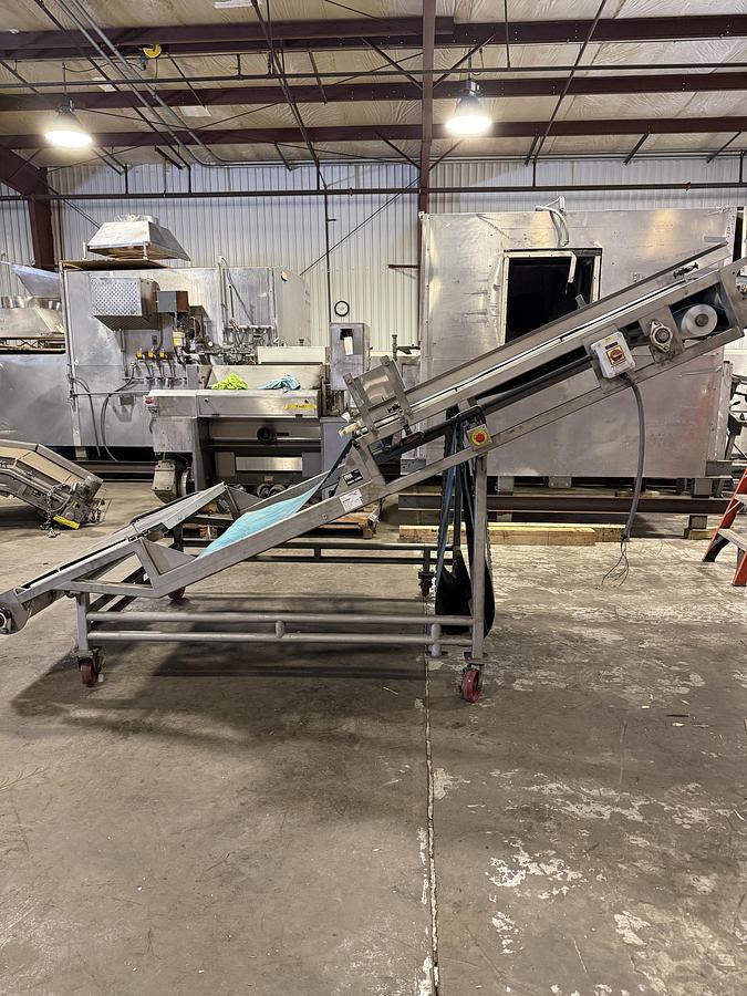 Used FOOD PROCESS AUTOMATION 48IN WIDE BELT INCLINE CONVEYOR WITH 2016 LOMA METAL DETECTOR DISCHARGE HEIGHT 75.’ MODEL 423048003 SN 2818709