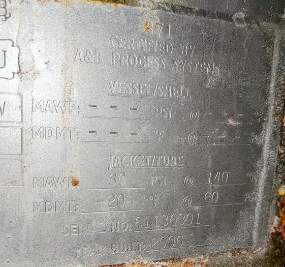 Used A&B Process Systems 500 Gallon Jacketed Tank