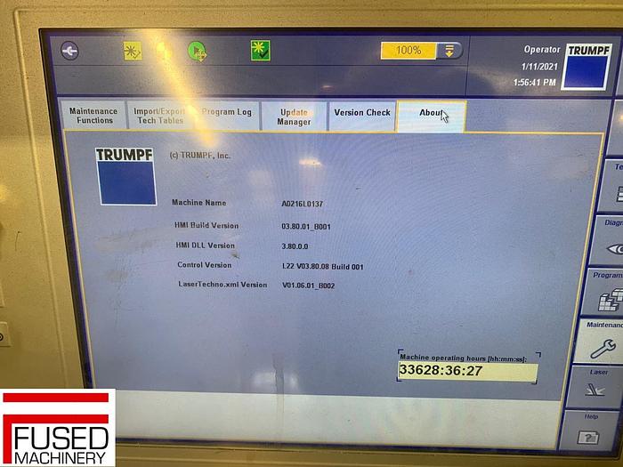 Used 2015 – TRUMPF TRULASER 1030 FIBER LASER 3KW