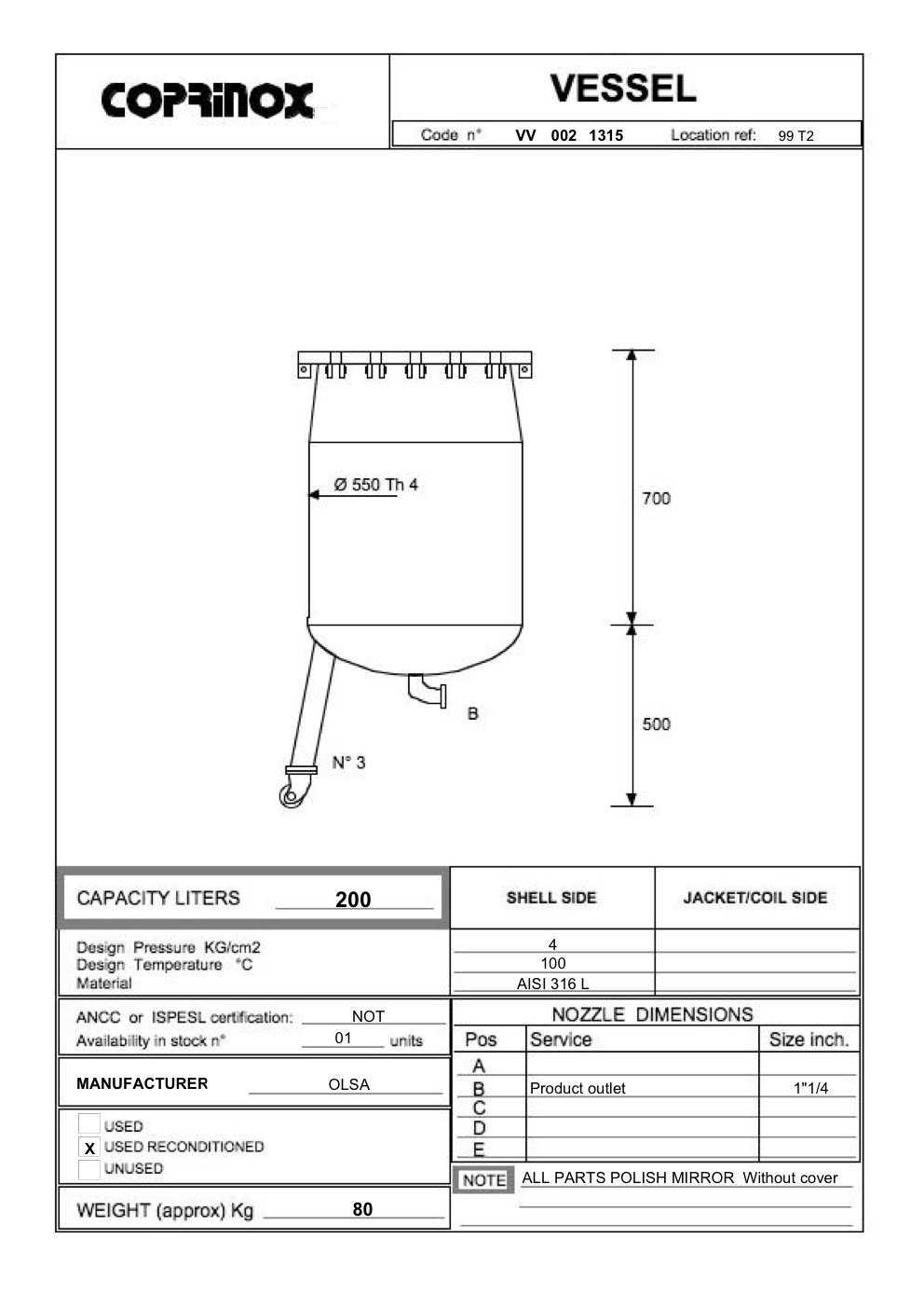Usato Serbatoio OLSA da 200 Litri