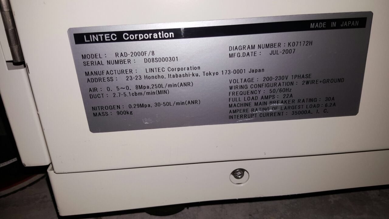 Used 2007 Lintec   RAD-2000 F/8 UV Irradiator