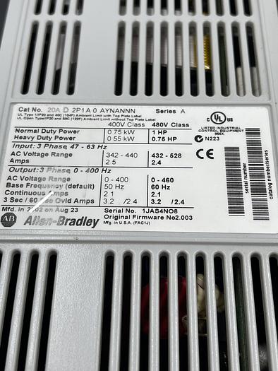 Used Allen-Bradley 20A D 2P1 A 0 AYNANNN Ser A, 20-Him-A2 Ser A