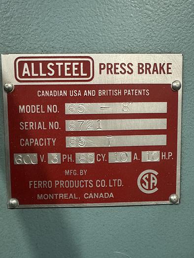 Used 65 TON X 8', ALLSTEEL, HYDRAULIC PRESS BRAKE 65-8