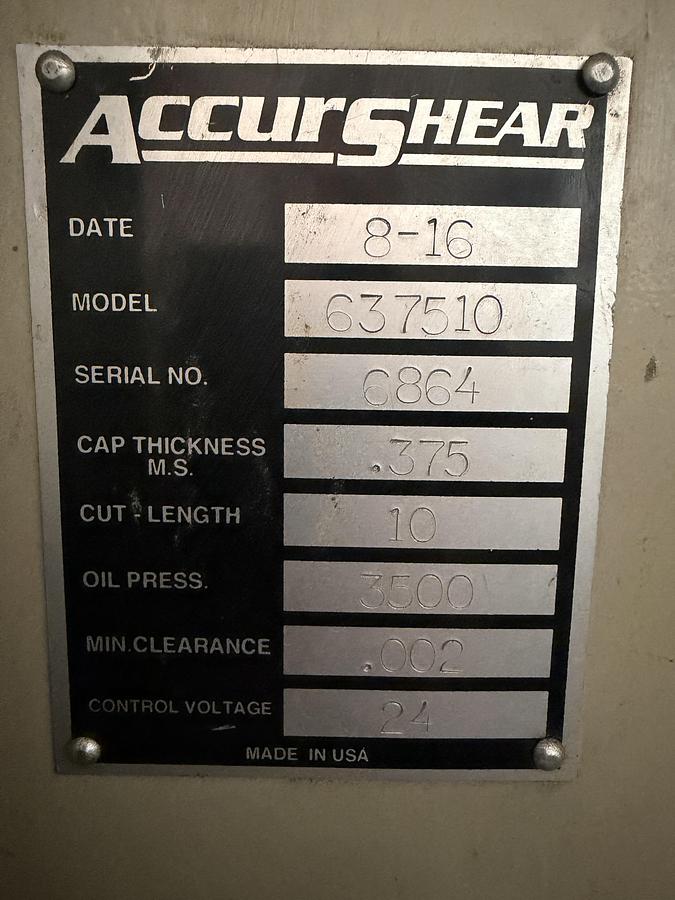 Used 3/8" x 10', ACCURSHEAR MODEL 63710 HYDRAULIC SHEAR  -2016