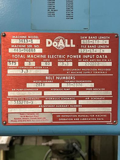 Used 13" x 36" DOALL, VERTICAL BANDSAW