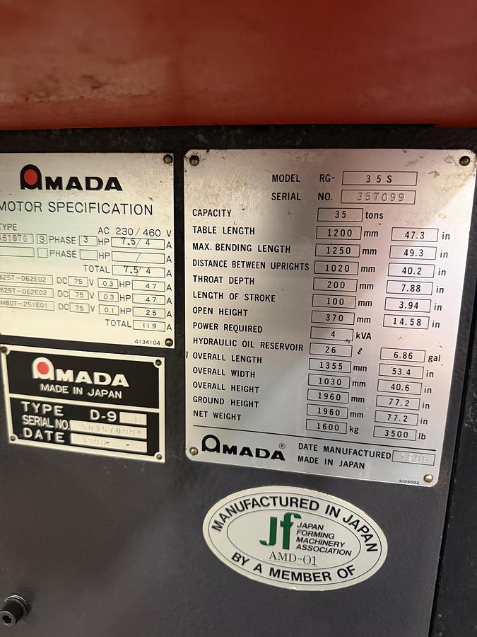 Used 38 TON x 4', AMADA RG-35S, CNC HYDRAULIC PRESS BRAKE