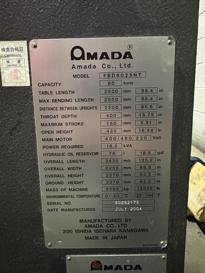 Used AMADA, FBD-8025NT, CNC BRAKE PRESS