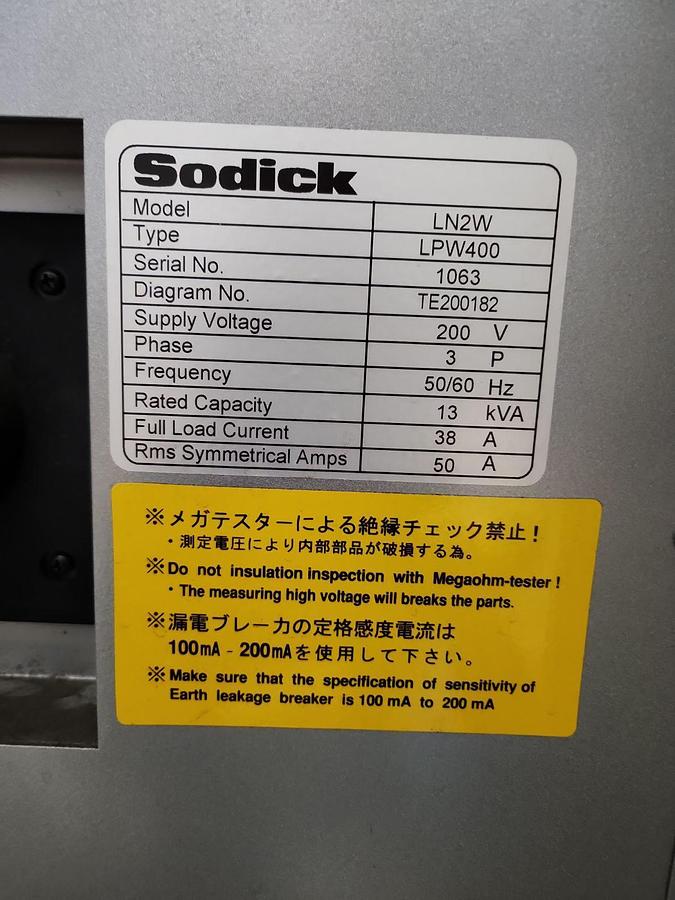 Used SODICK MODEL AG400L WIRE EDM MACHINE -2012