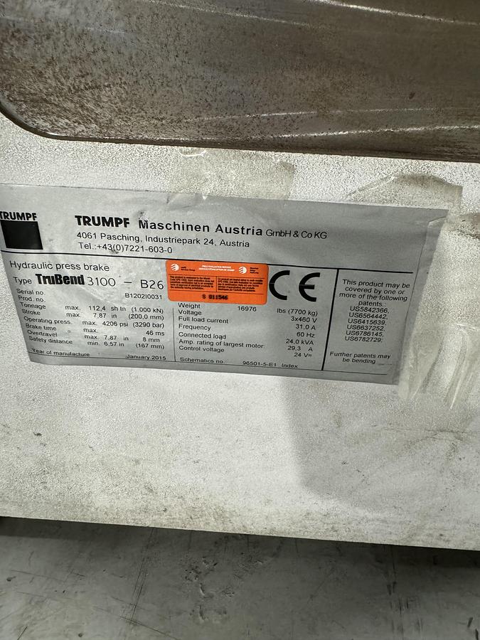 Used 110 TON X 10', TRUMPF, TRUBEND 3100, CNC HYDRAULIC PRESS BRAKE - 2015
