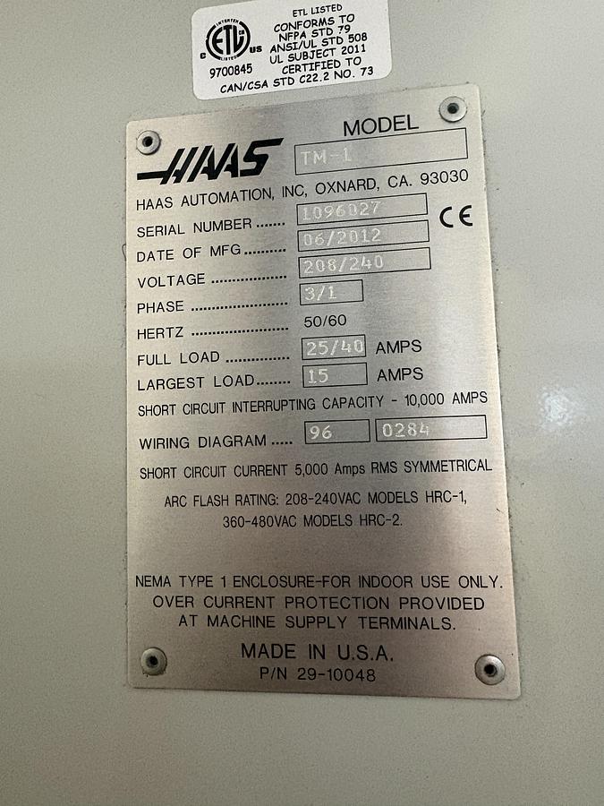 Used 30"X, 16"Y, 16"Z, HAAS, TM-1, 2012, CNC VERTICAL MILLING MACHINE