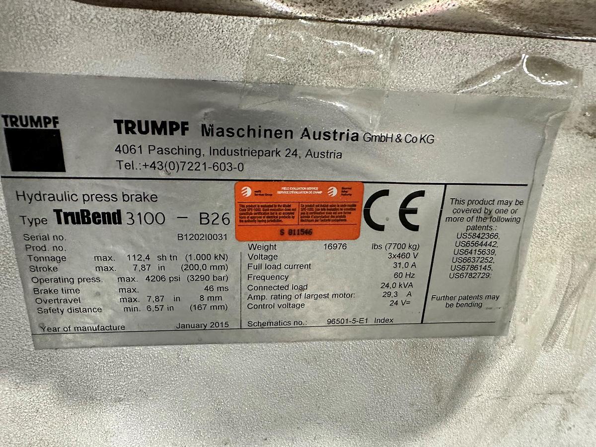 Used 110 TON X 10', TRUMPF, TRUBEND 3100, CNC HYDRAULIC PRESS BRAKE - 2015