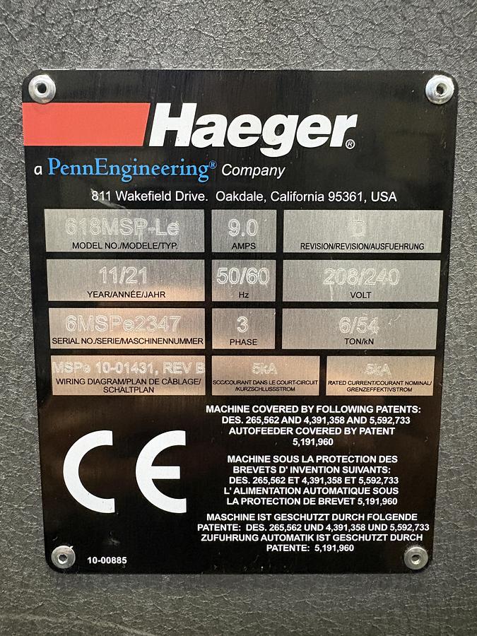 Used 2021, 6 TON HAEGER 618MSP-Le, HYDRAULIC INSERTION PRESS