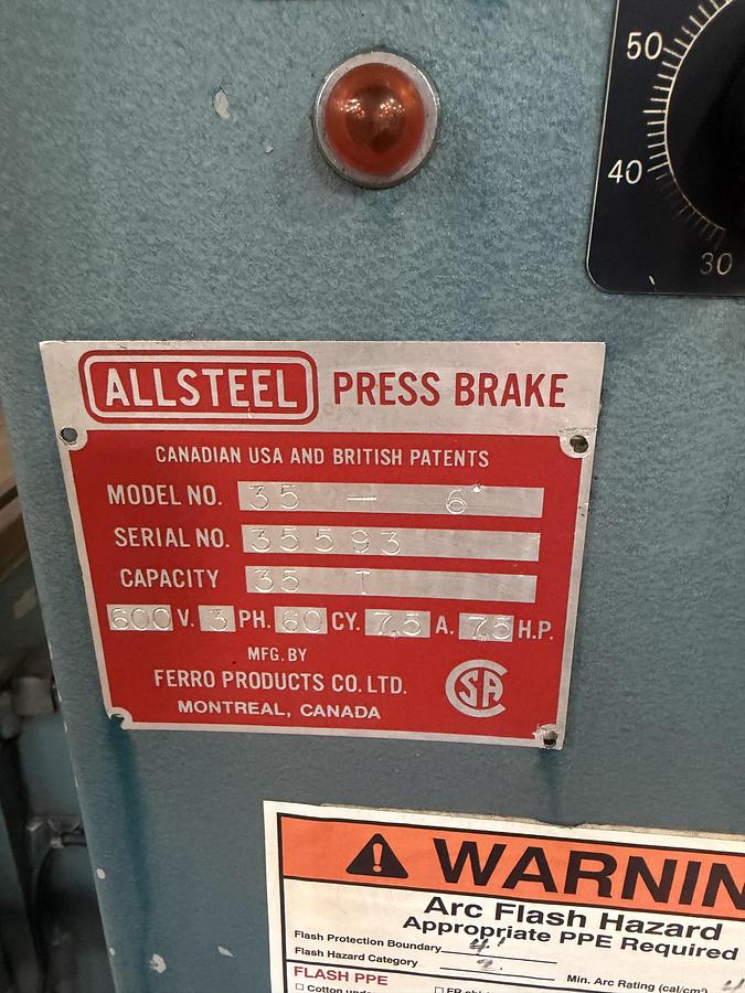 Used 35 TON X 6', ALLSTEEL, CNC HYDRAULIC PRESS BRAKE