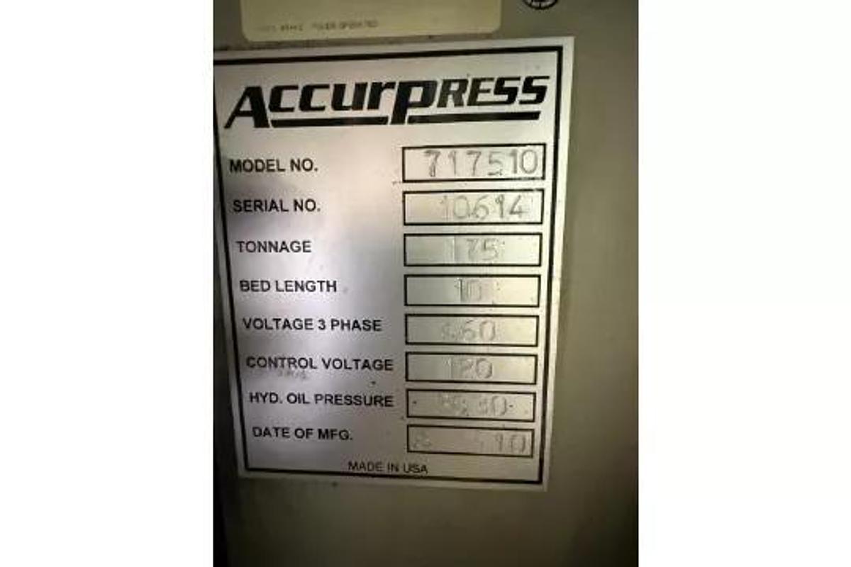 Used 2010 ACCURPRESS 717510, 175 TON, 10' HYDRAULIC PRESS BRAKE
