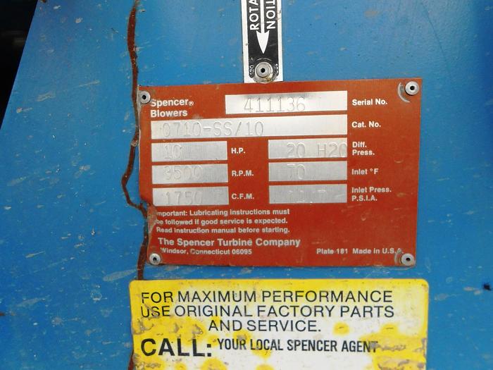 Used Blower, 10 HP, Centrifugal, Spencer, Scroll Blower #S742126