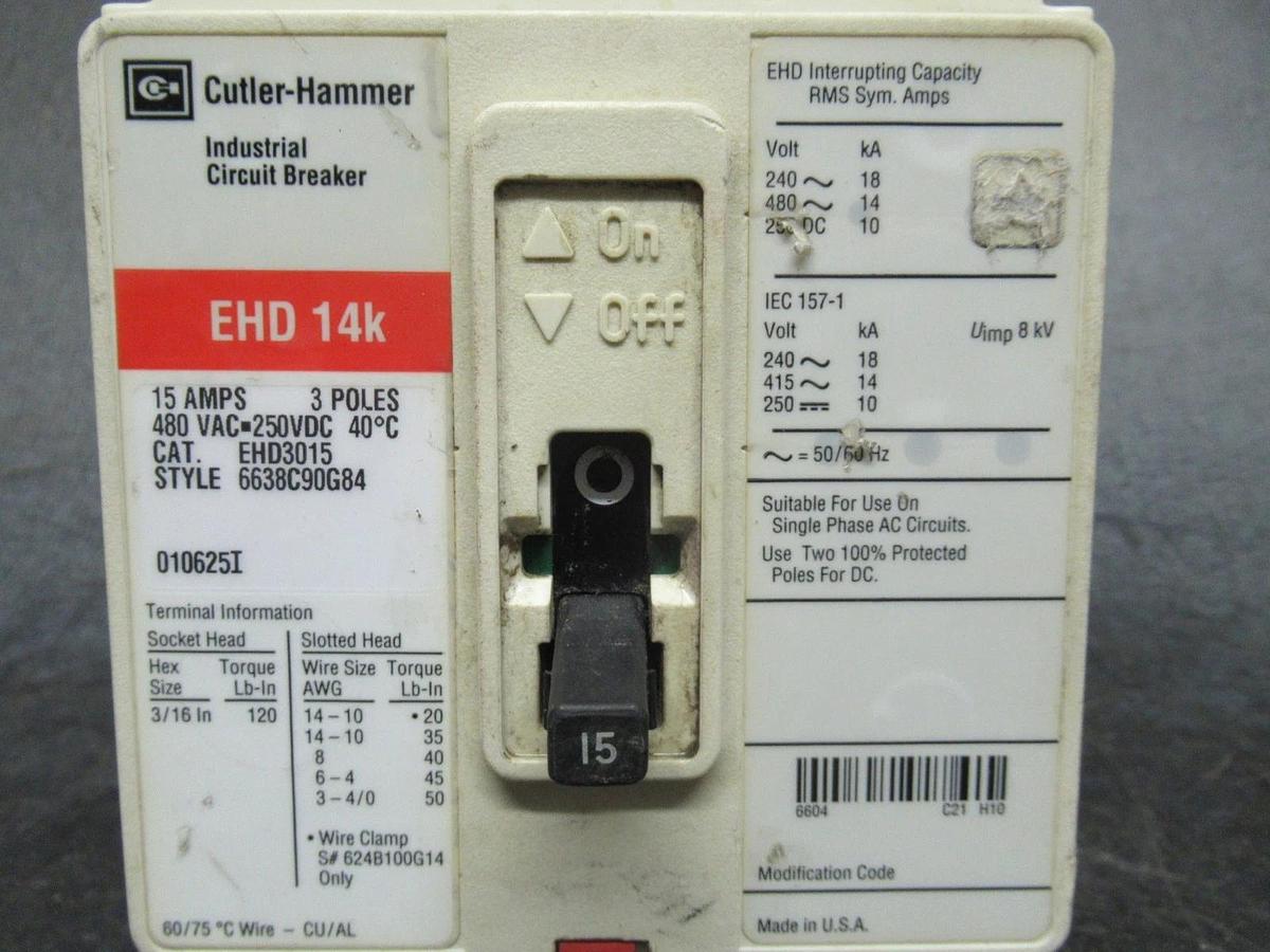 Used CUTLER HAMMER BREAKER EHD3015 15A 480VAC 250VDC 3-POLE **WARRANTY INCLUDED**