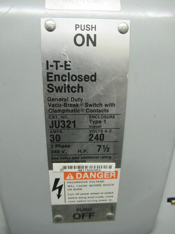 Used SIEMENS ITE 30 AMP 240 VAC HEAVY DUTY DISCONNECT SAFETY SWITCH JU321