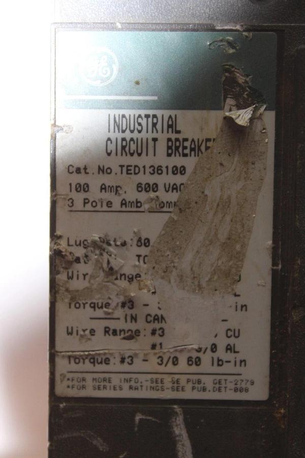 Used GE CIRCUIT BREAKER TED136100 100 AMP 3-POLE 600 VAC *WARRANTY INCLUDED*