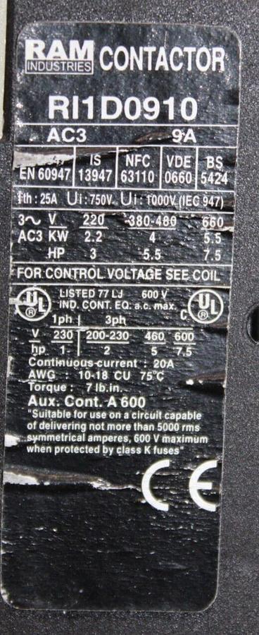 Used RAM STARTER RI1D0910 20 AMP 600 VAC 7.5 HP W/ RI2-D09308 OVERLOAD