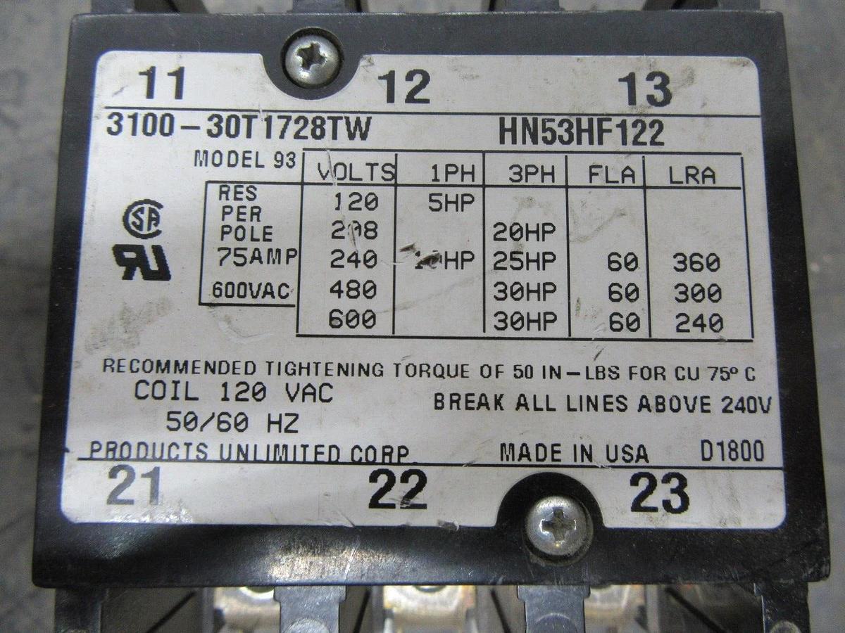 Used PRODUCTS UNLIMITED CONTACTOR 3100-30T1728TW 600 VAC 60 AMP 30 HP COIL: 120 VAC