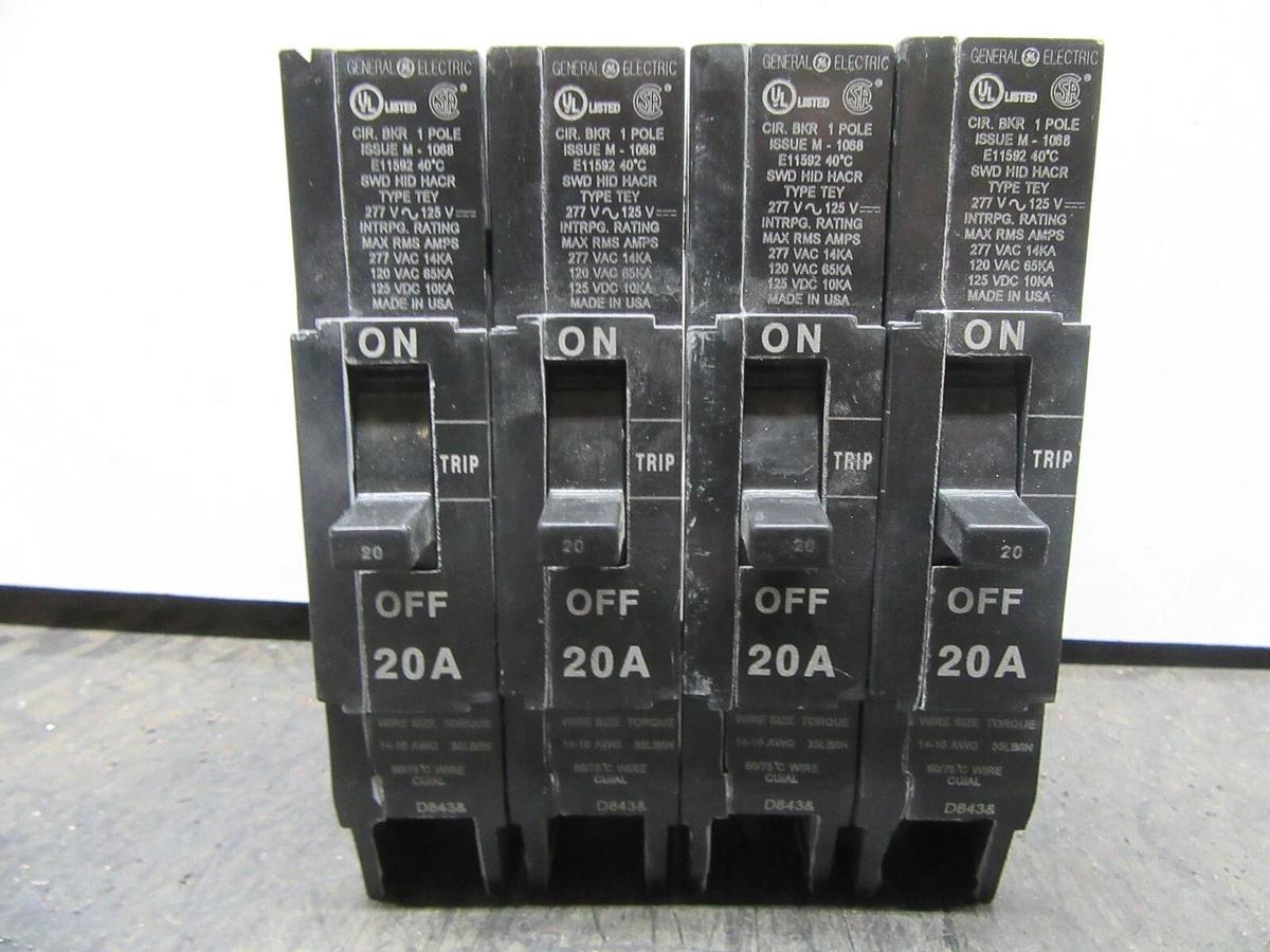 Used LOT OF 4 GE TEY HACR CIRCUIT BREAKER E11592 1-POLE 20 AMP 277 VAC **WARRANTY**