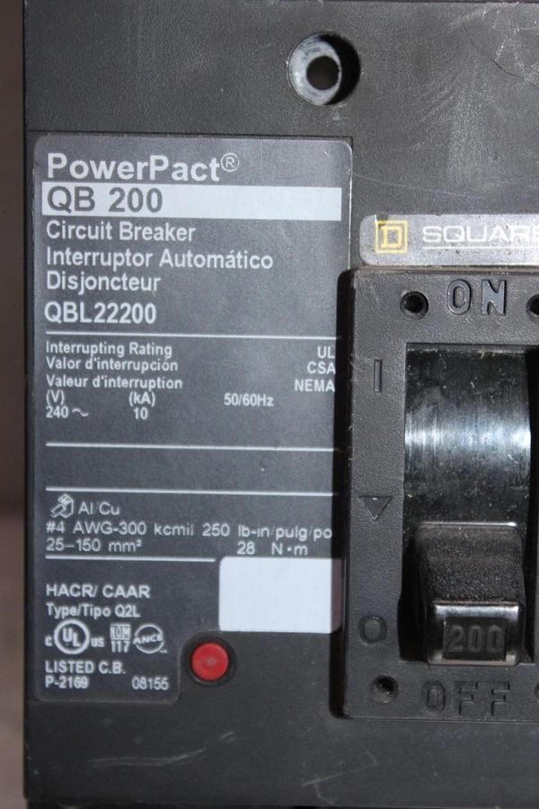 Used SQUARE D POWERPACT CIRCUIT BREAKER QBL22200 200 AMP 240 VAC 2-POLE QB-200