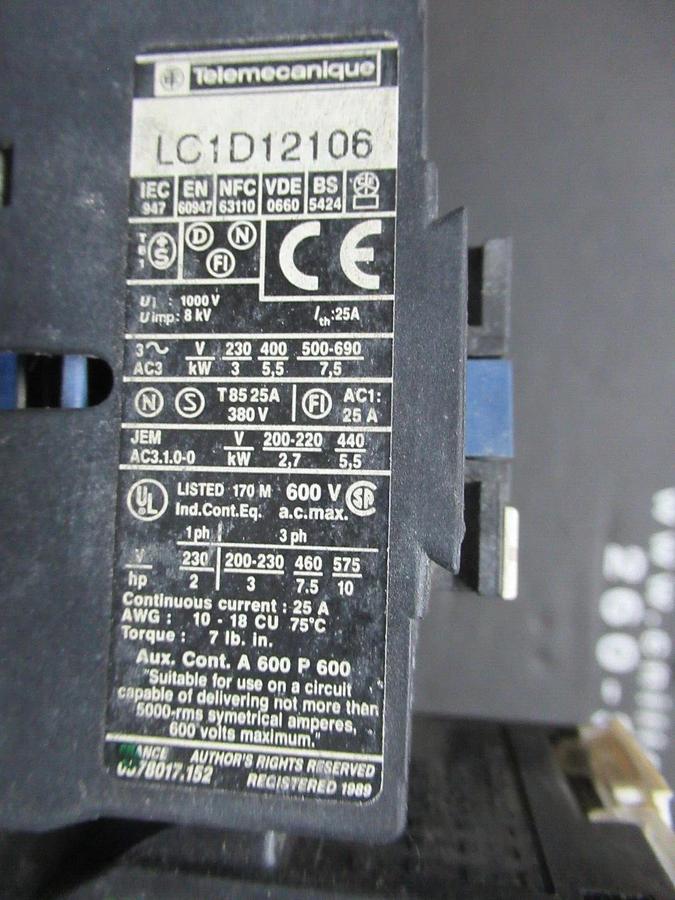 Used TELEMECANIQUE STARTER LC1D1206 W/ OVERLOAD RELAY LR2-D1307 **WARRANTY INCLUDED**