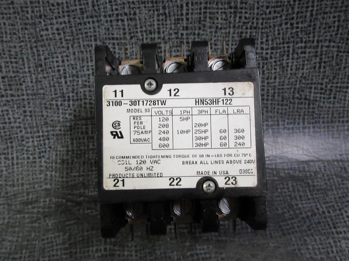 Used PRODUCTS UNLIMITED CONTACTOR 3100-30T1728TW HN53HF122 600V 60A 75A/RES 10HP