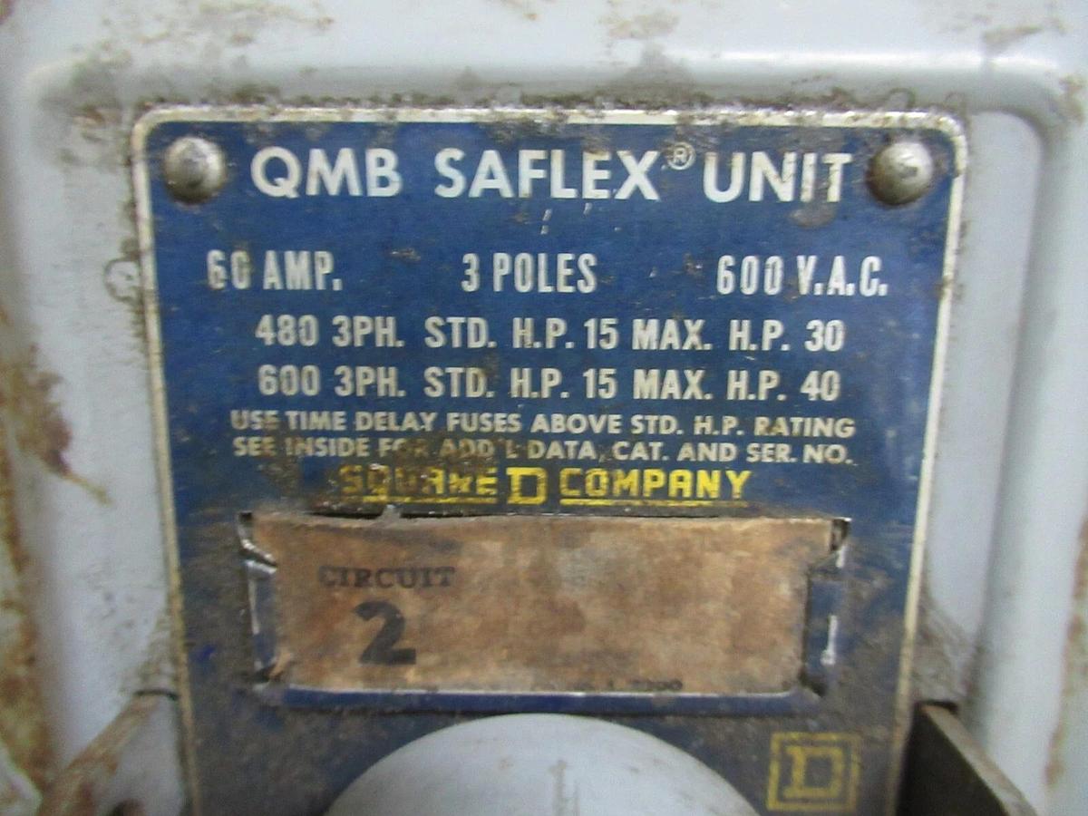 Used SQUARE D QMB SAFLEX TWIN UNIT QMB-3636-T 60/30 AMP 600 VAC 3-POLE 40/20 HP