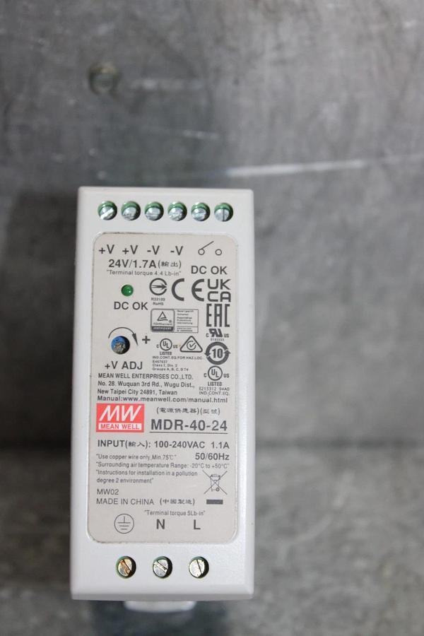 Used MEAN WELL POWER SUPPLY MDR-40-24 INPUT: 100-240 VAC 1.1A OUTPUT: 24 VDC 1.7A