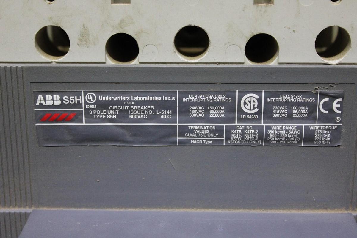 Used ABB CIRCUIT BREAKER S5H 400 AMP 3-POLE 600 VOLT W/ AUXILIARY SWITCH