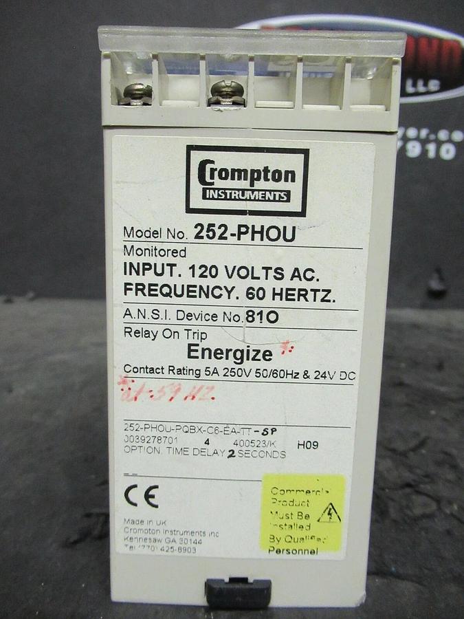 Used CROMPTON INSTRUMENTS PROTECTOR 252-PHOU 120 VAC ENERGIZE 60 HZ 5A 250 V & 24 VDC