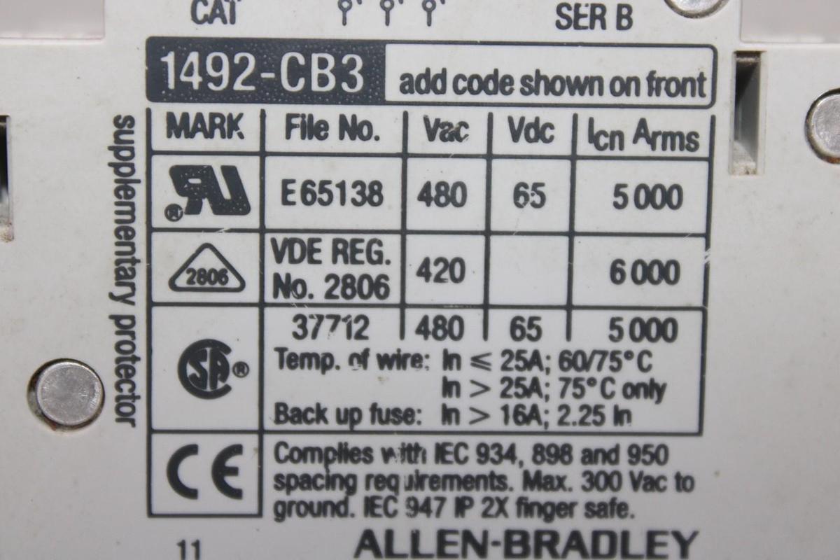 Used ALLEN BRADLEY CIRCUIT BREAKER 1492-CB3 480/277 VAC 20 AMP 3-POLE