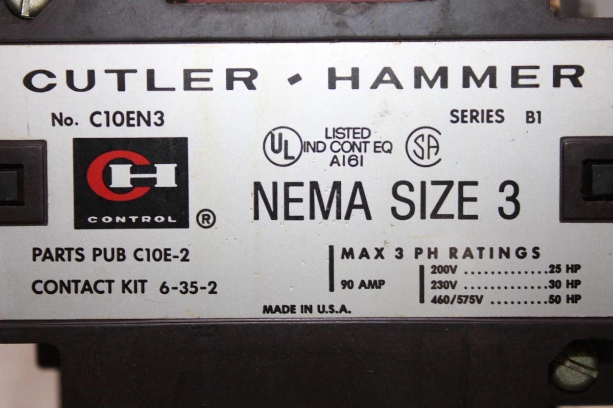 Used CUTLER-HAMMER CONTACTOR C10EN3 NEMA SIZE 3 90 AMP 600 VAC 3-POLE COIL: 120 V