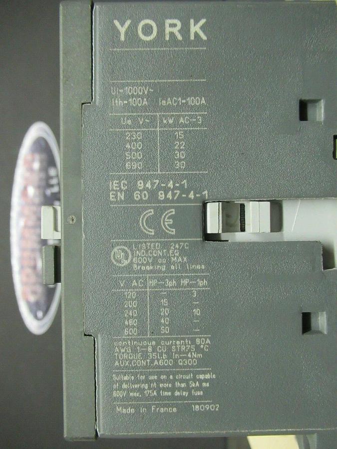 Used 80 AMP YORK CONTACTOR 024-31106-000 600 VAC 3 POLE **WARRANTY INCLUDED**